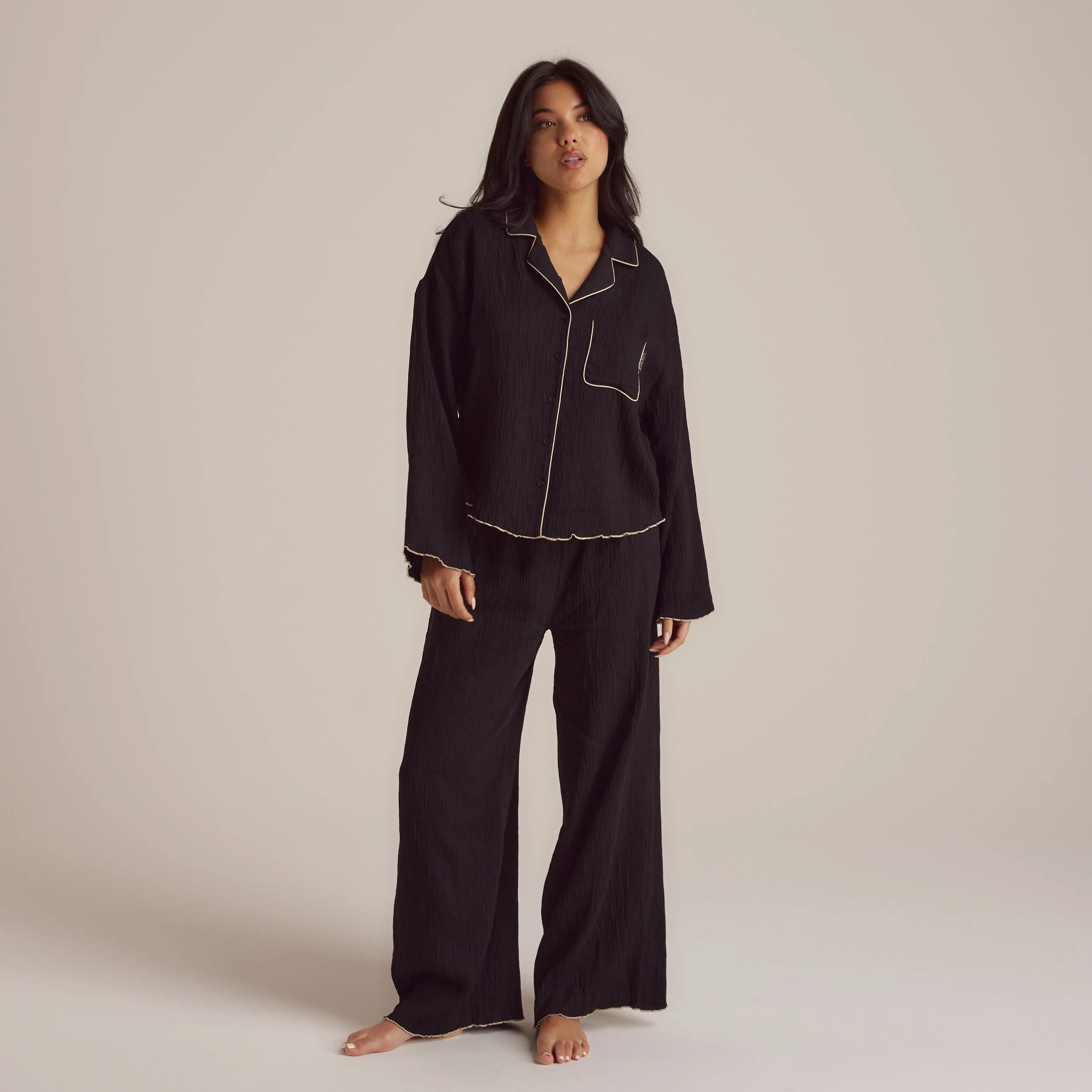 Crinkle Pyjama Shirt - Black - Image 10