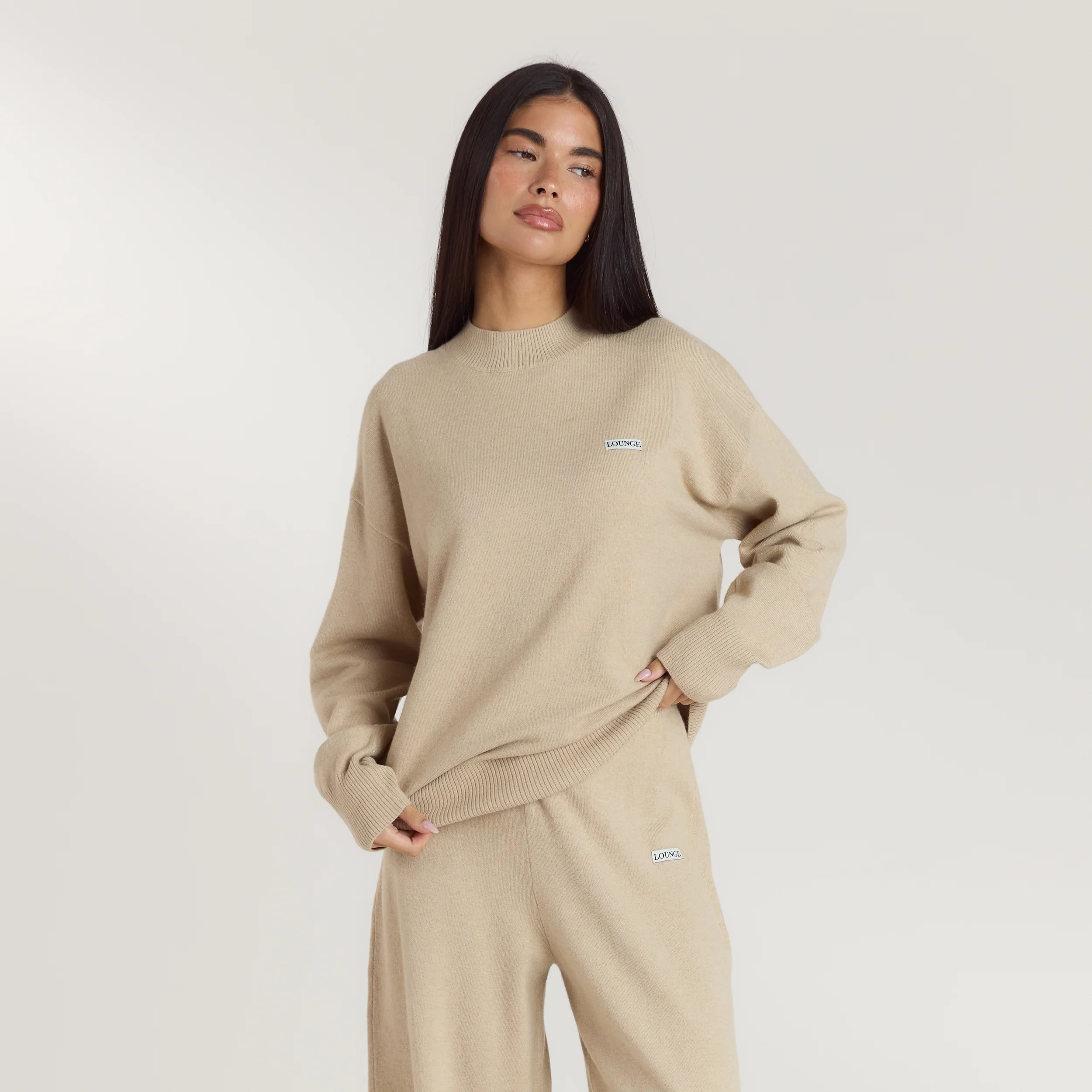 Cuffed Crew Neck Knitted Jumper - Oatmeal Marl