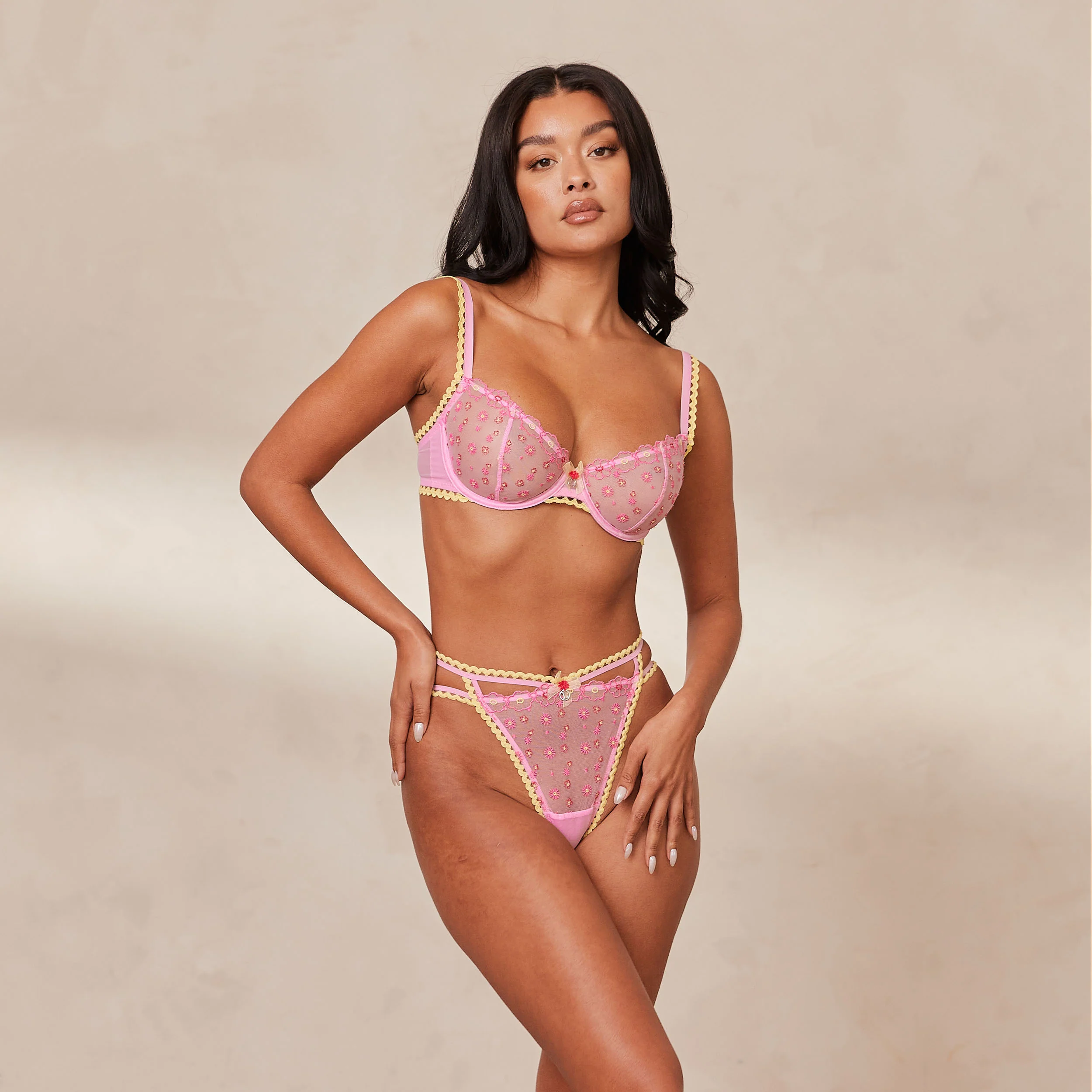 Daisy Embroidered Balcony Bra - Pink - Image 19