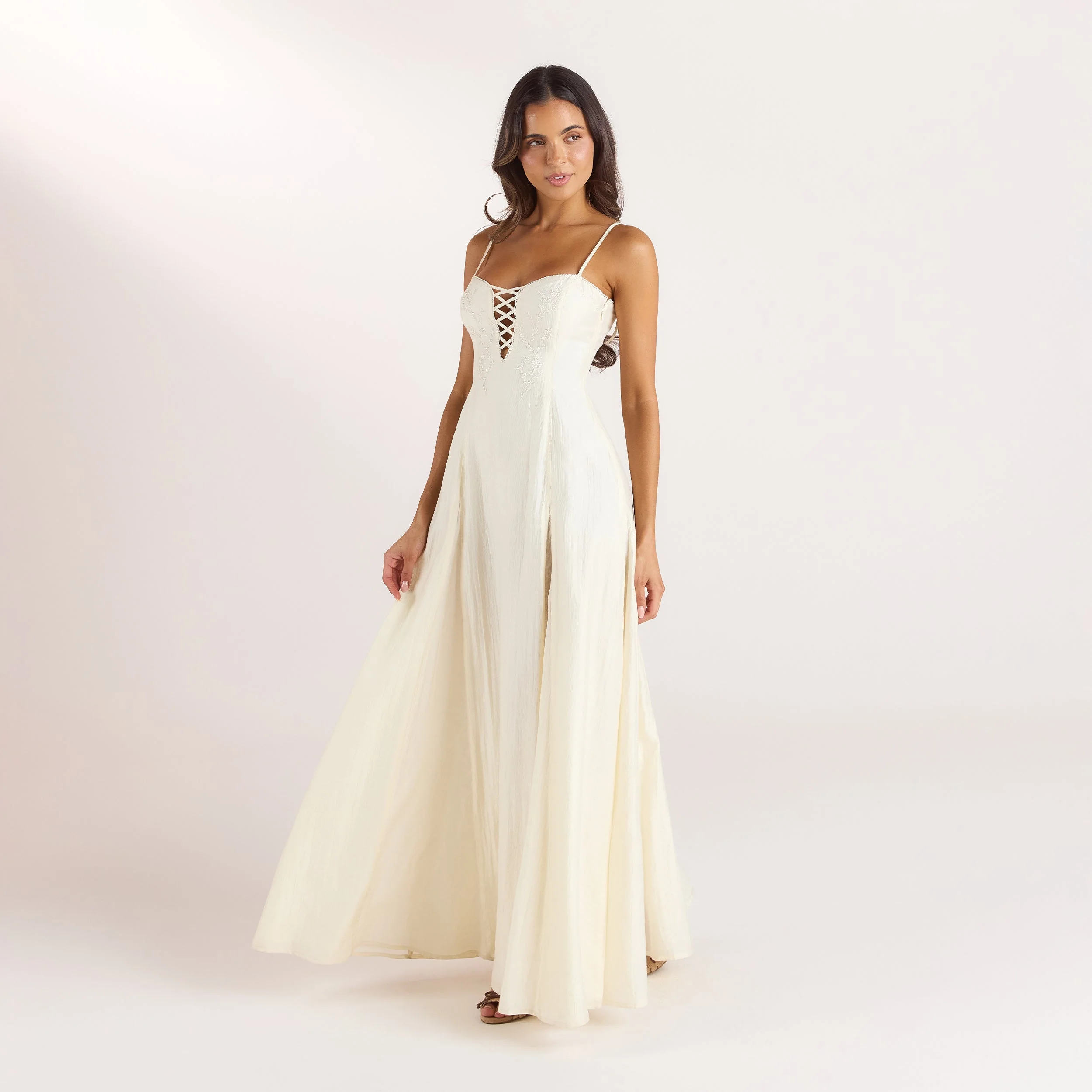 Embroidered Lace-Up Maxi Dress - Buttercream