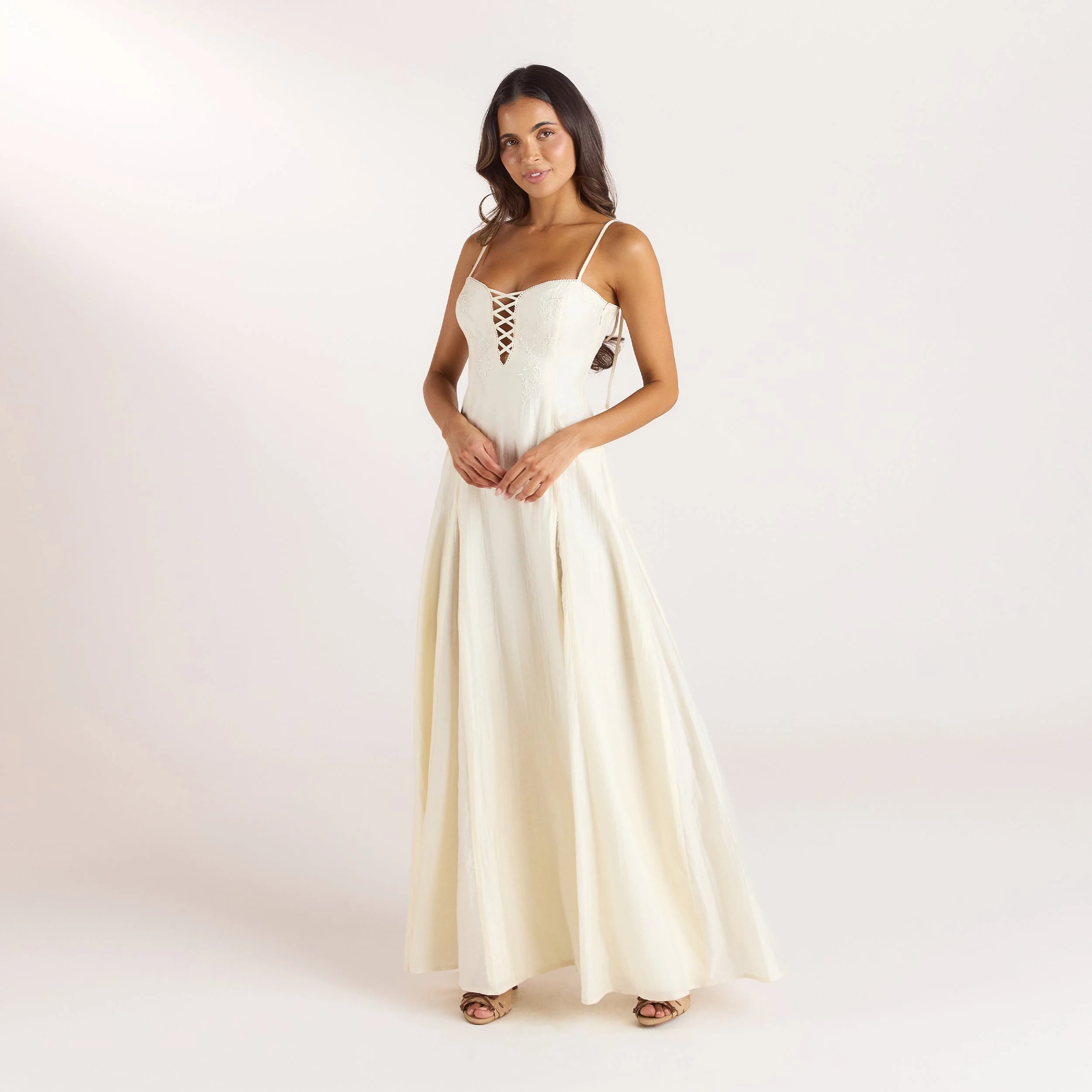 Embroidered Lace-Up Maxi Dress - Buttercream - Image 4