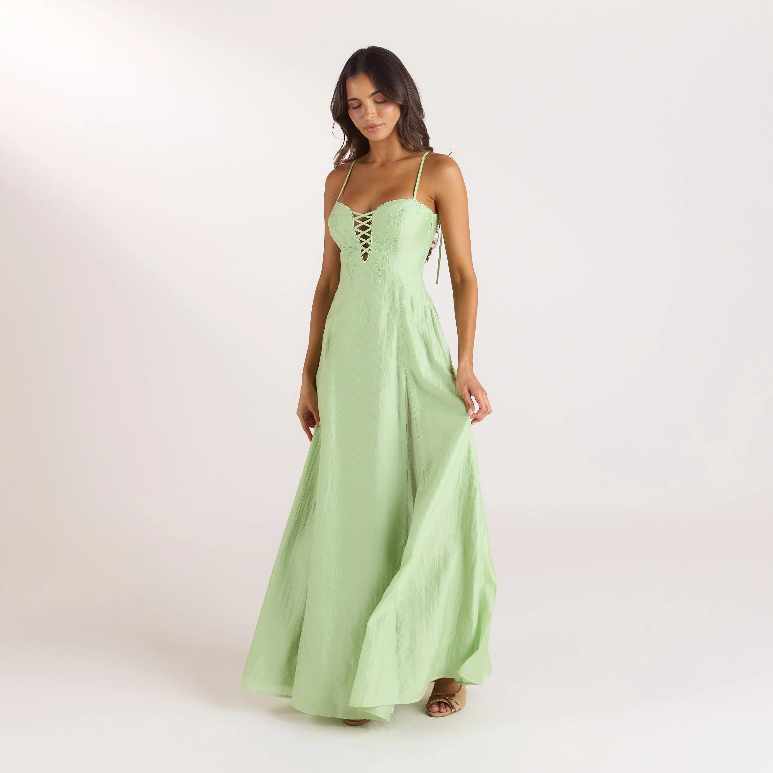 Embroidered Lace-Up Maxi Dress - Green - Image 4