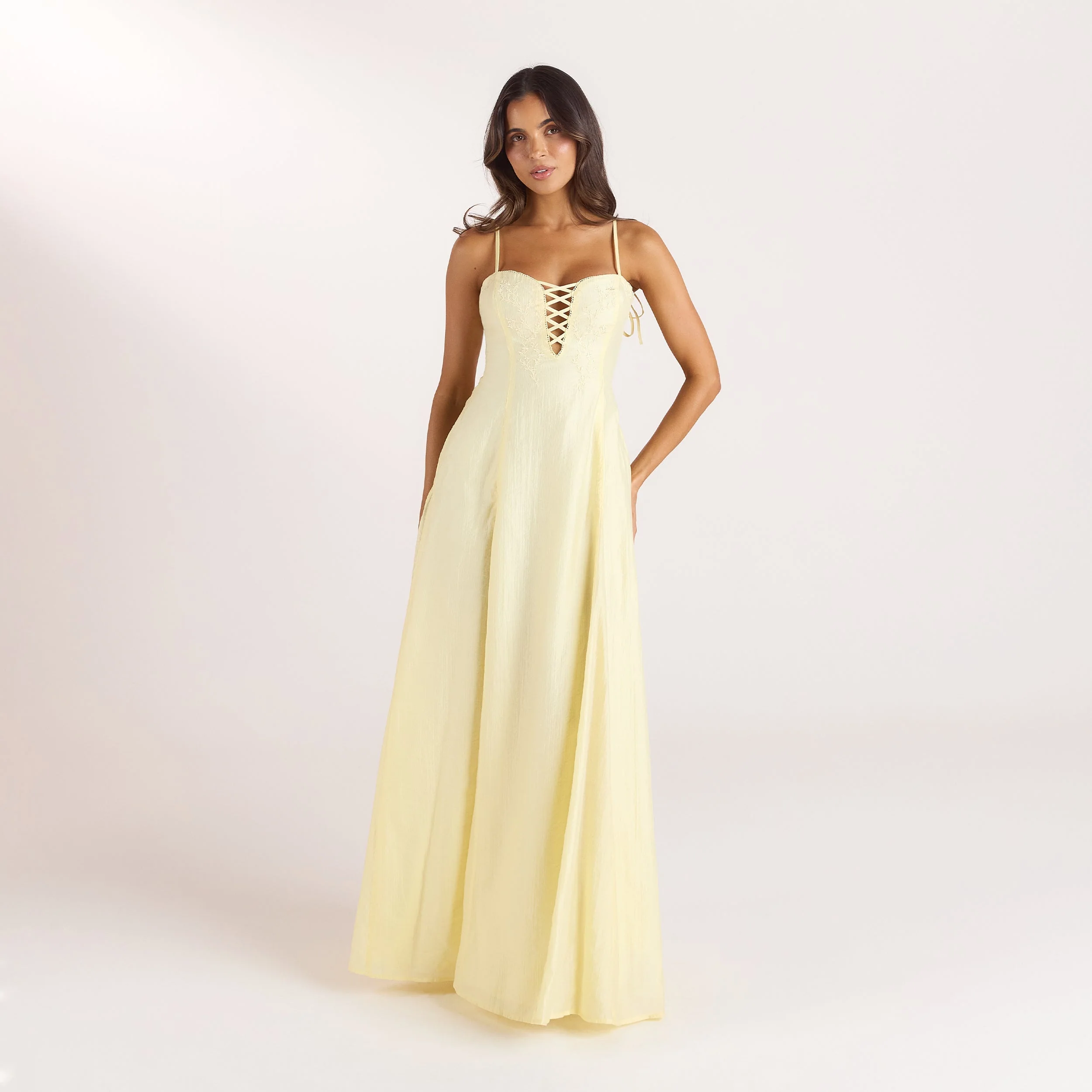 Embroidered Lace-Up Maxi Dress - Lemon - Image 2