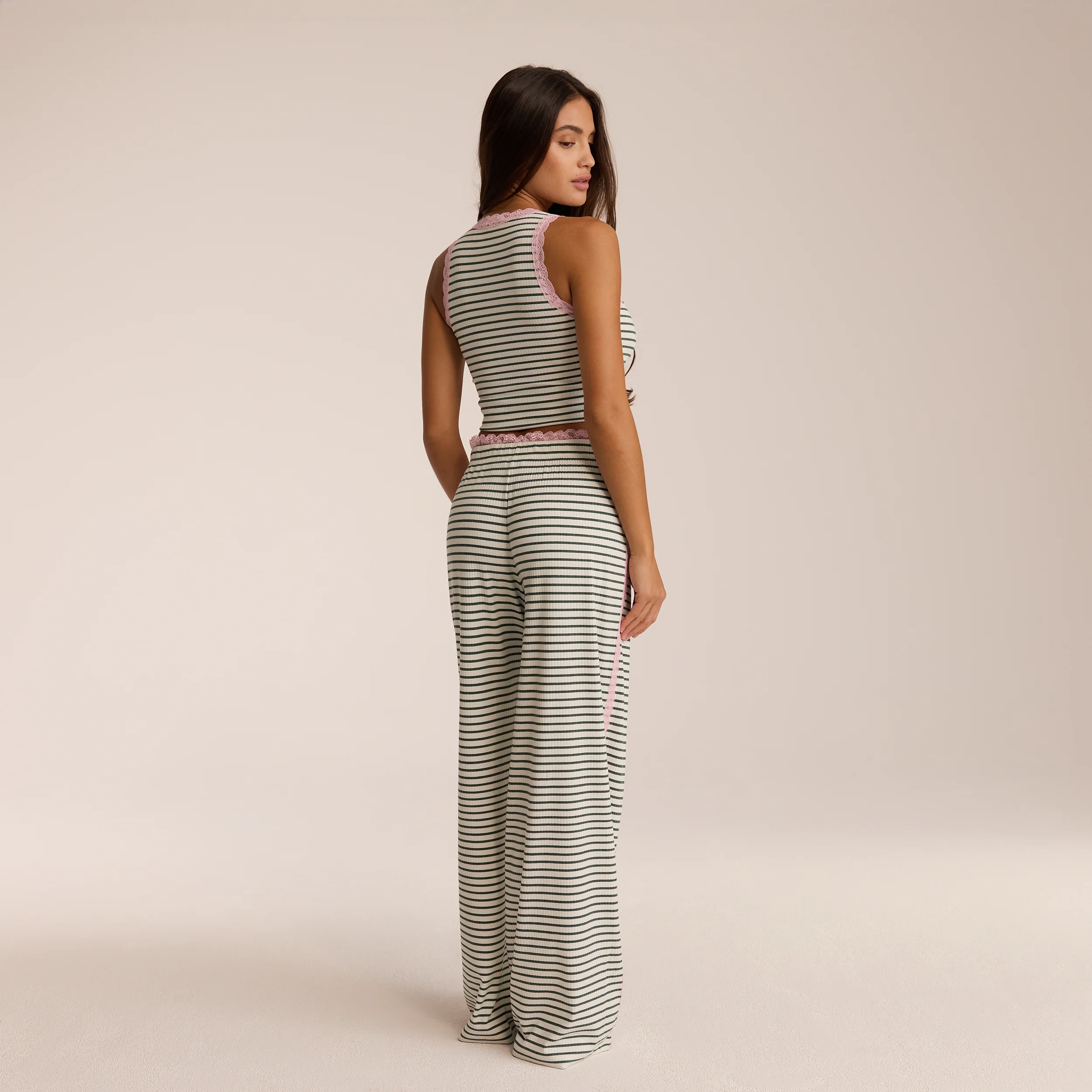 Lace Vest Pyjama Top - Green Stripe - Image 6