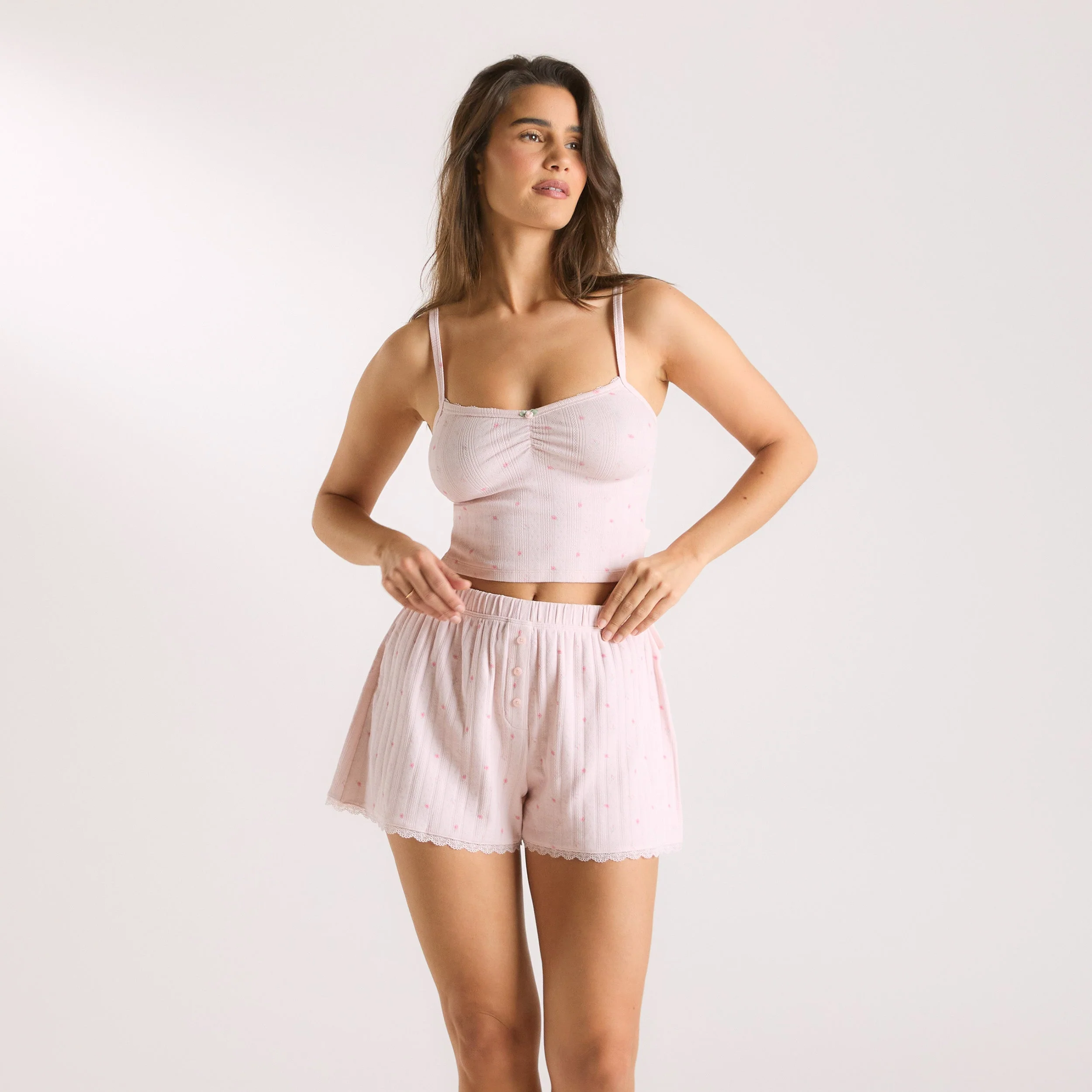 Pointelle Cami Pyjama Top - Pink Floral - Image 3