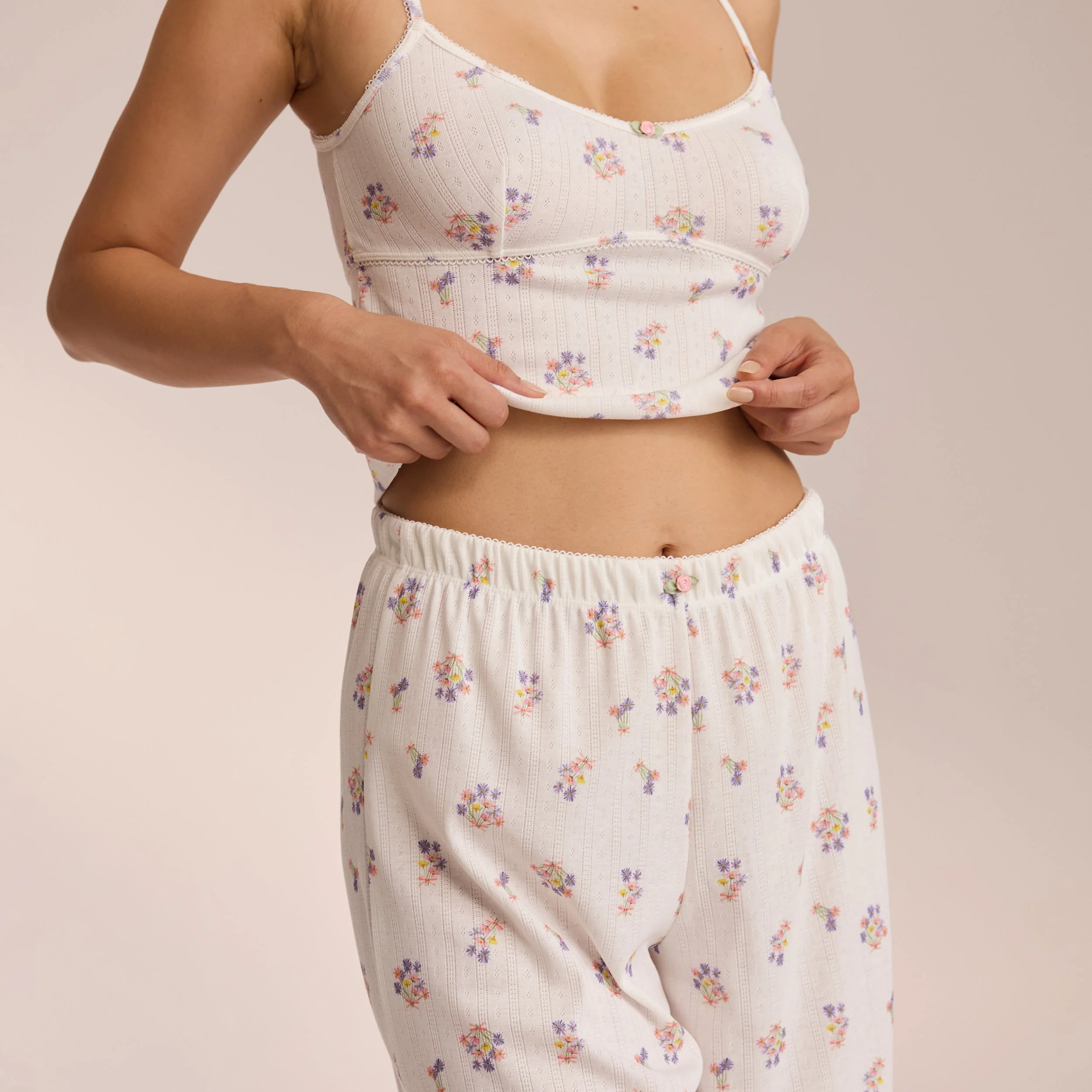Pointelle Pyjama Bottoms - White Floral - Image 3