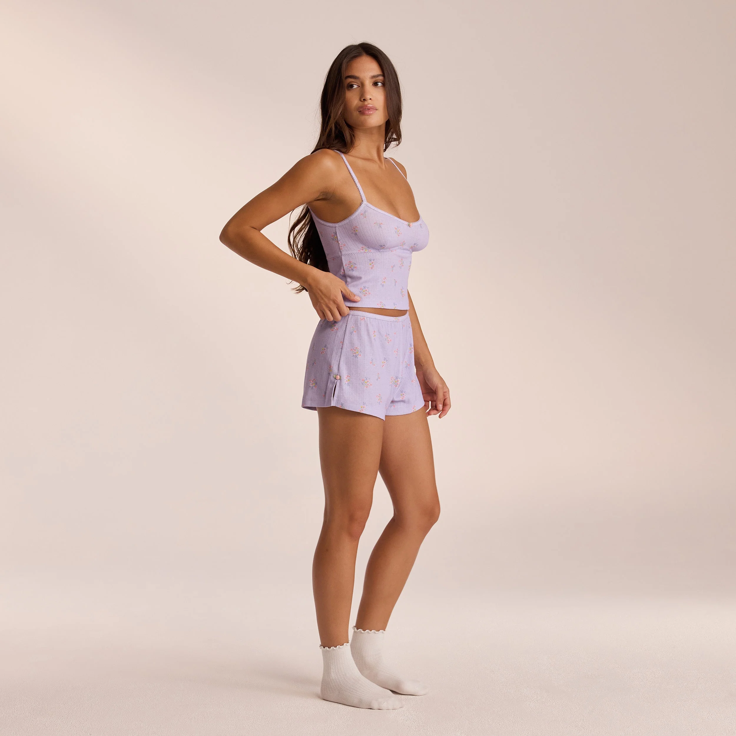 Pointelle Pyjama Shorts - Lilac Floral - Image 3