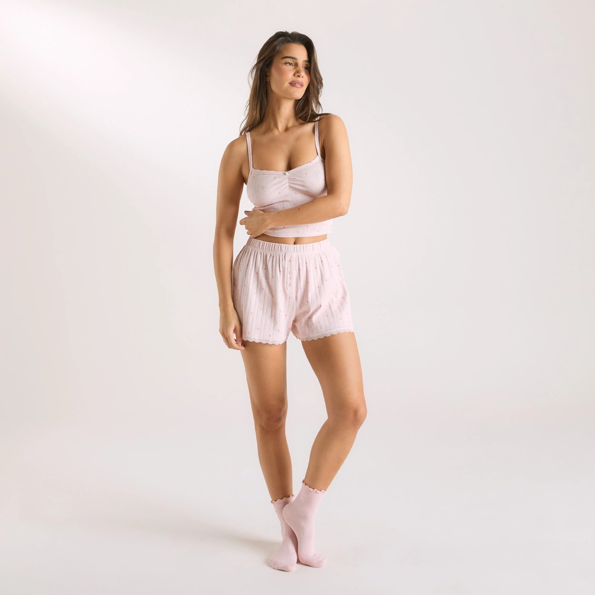 Pointelle Pyjama Shorts - Pink Floral - Image 3