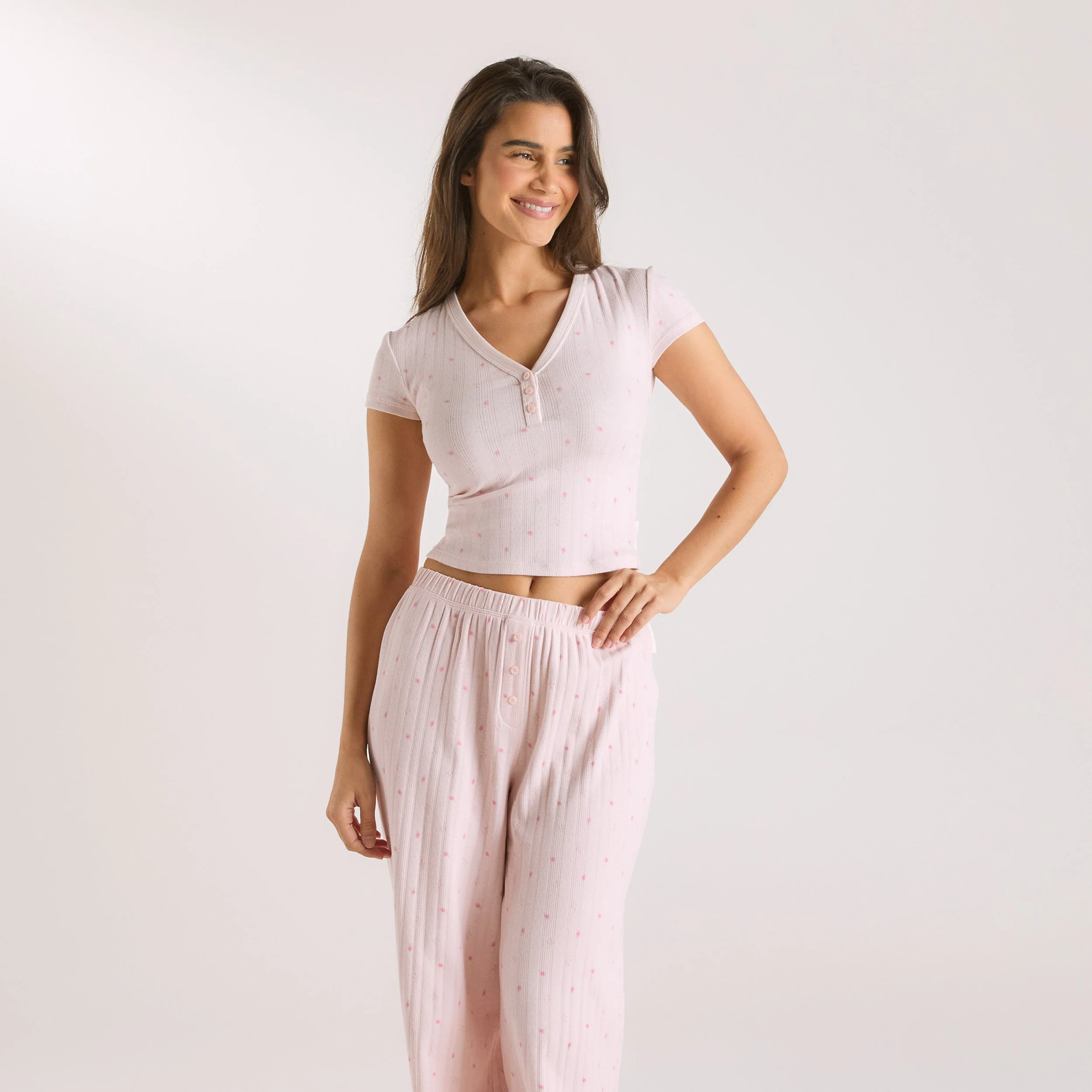 Pointelle Pyjama Top - Pink Floral - Image 2