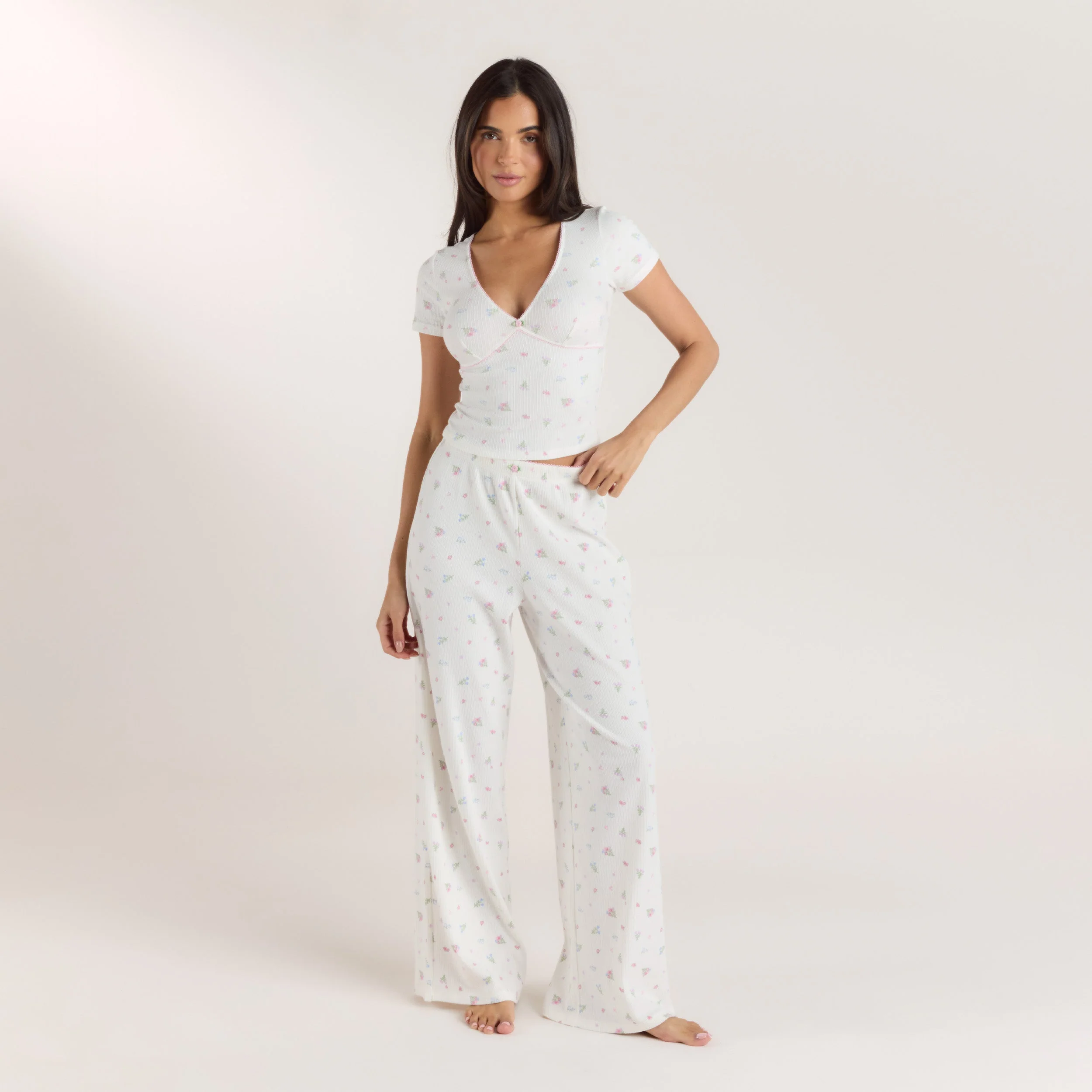 Ribbed Pyjama Bottoms - White Floral - Image 3