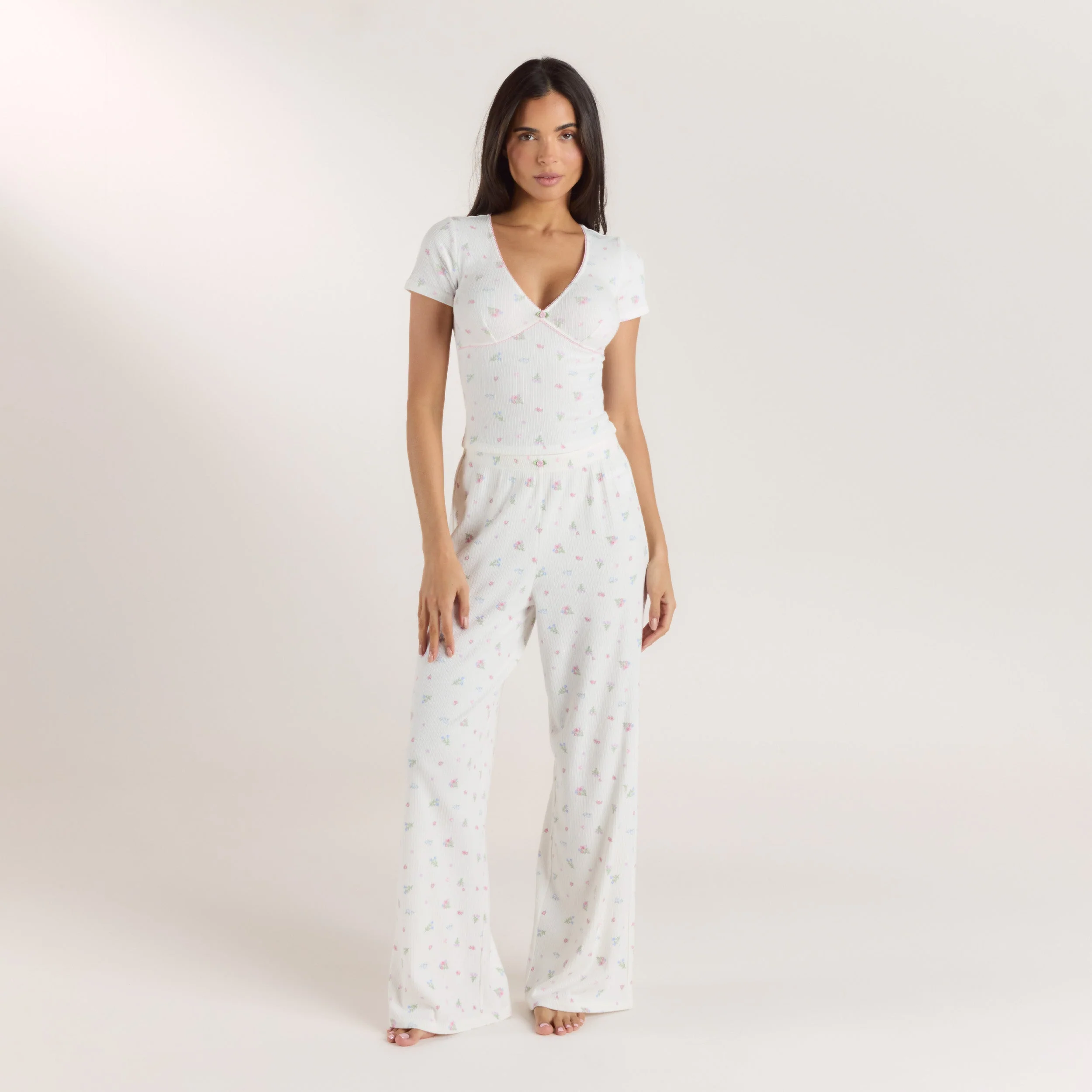 Ribbed Short-Sleeve Pyjama Top - White Floral - Image 3