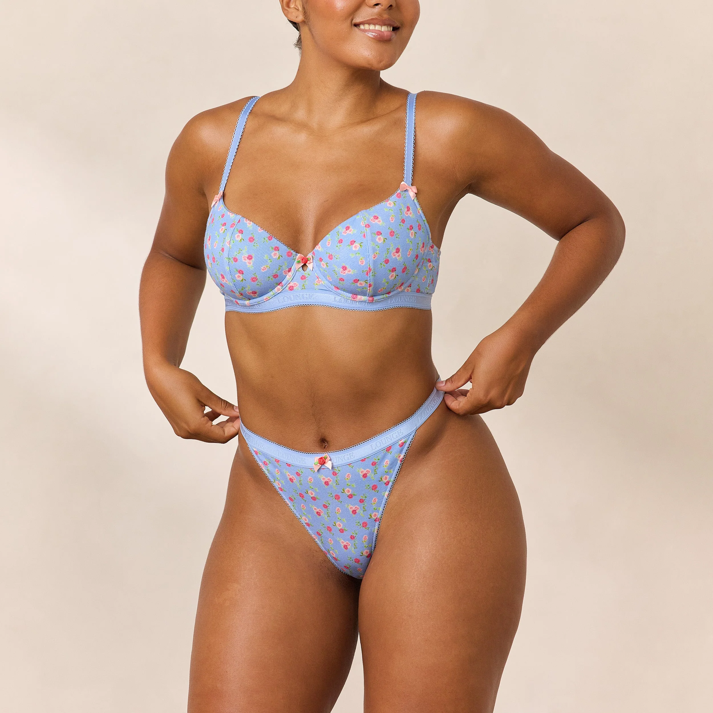 Rosebud Ribbed Balcony Bra - Blue Floral - Image 3