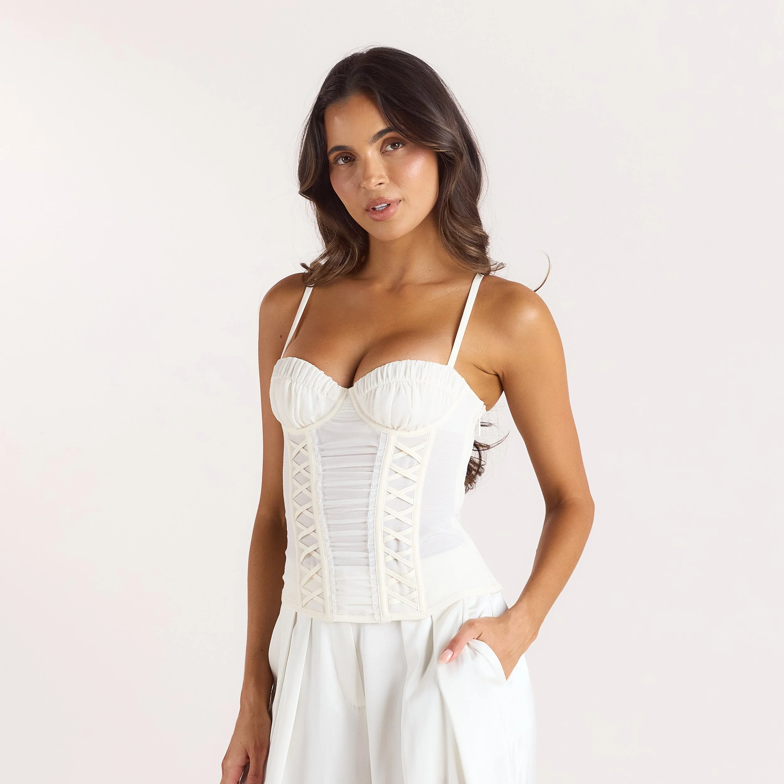 Ruched Sheer Corset Top - Cream - Image 4