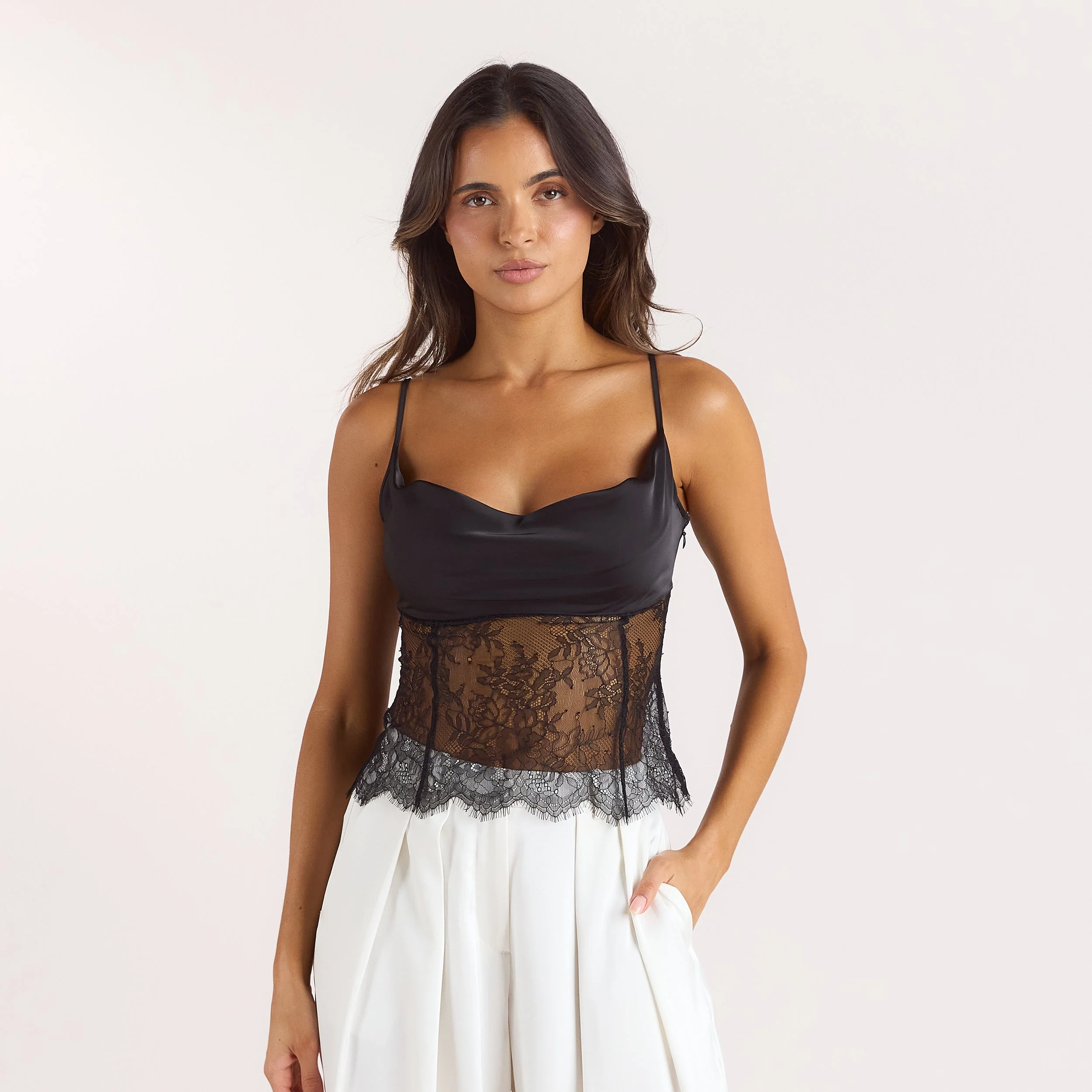 Satin Cowl-Neck Cami Top - Black - Image 2