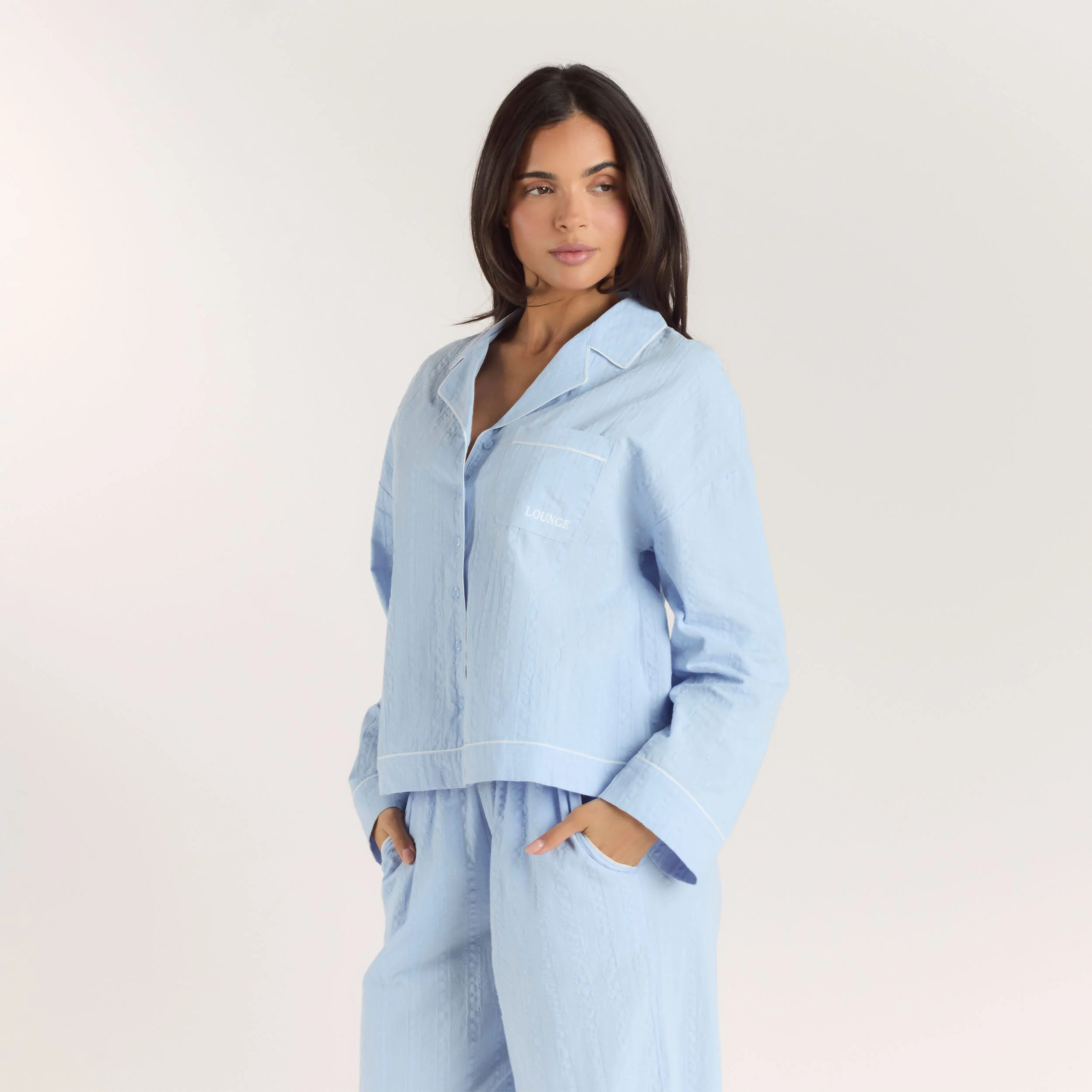 Textured Cotton Pyjama Shirt - Blue - Image 5